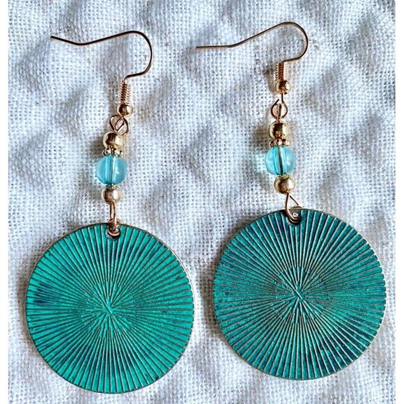 New Aqua Circle Disk & Golden Sunflower Beaded Retro 90s Style Earrings - 2.75" - Picture 4 of 4